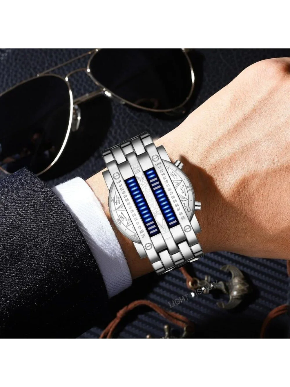Men's Silver Blue Analog Quartz Bracelet Waterproof Binary Matrix Digital Watch